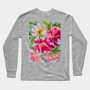 Windy Peony Watercolor Painting Long Sleeve T-Shirt